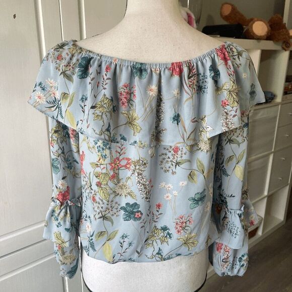 Sanctuary by Anthro Aisley Ballet Off Shoulder Bluebell Blue‎ Floral Top - Picture 3 of 10